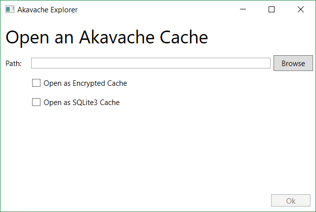 Screenshot of the Akavache Explorer asking for a file path